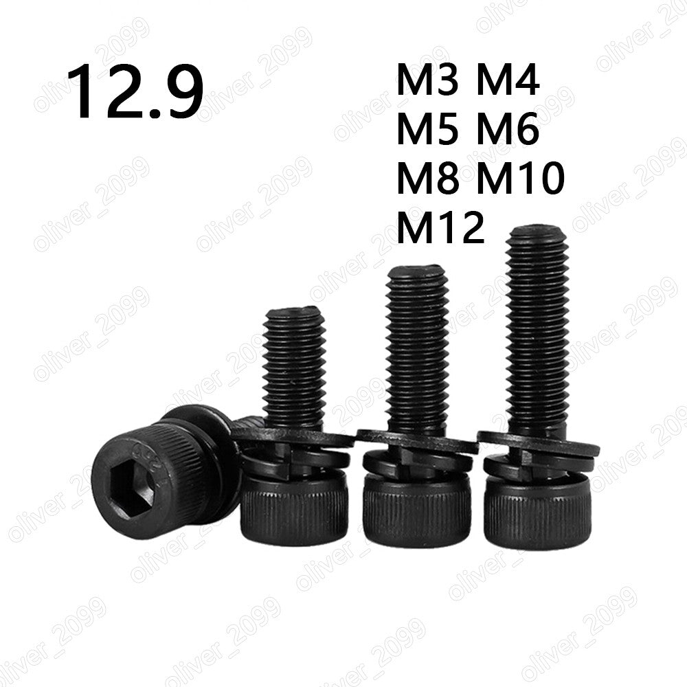 Black 12.9 Steel Hex Socket Cap Head Screws SEMS Flat Spring Washers M3 M4 M5 M6