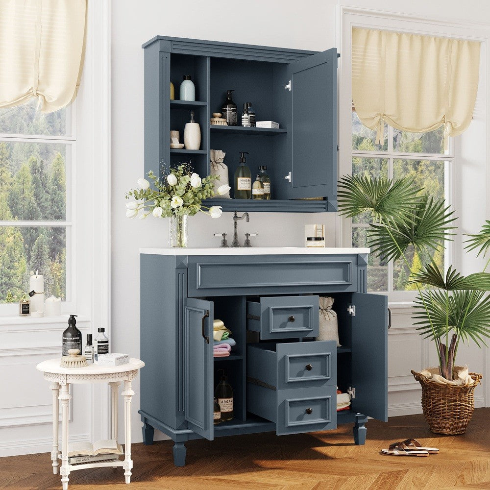 ya 28 36'' Bathroom Vanity (Single Sink),Blue Mirror Cabinet, 2 Drawers,Modern Storage