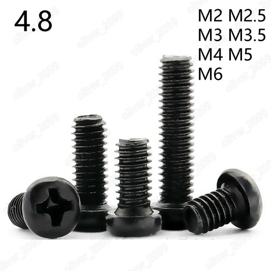 M2 M2.5 M3 M3.5 M4 M5 M6 Black Carbon Steel Phillips Round Pan Head Screws Bolts