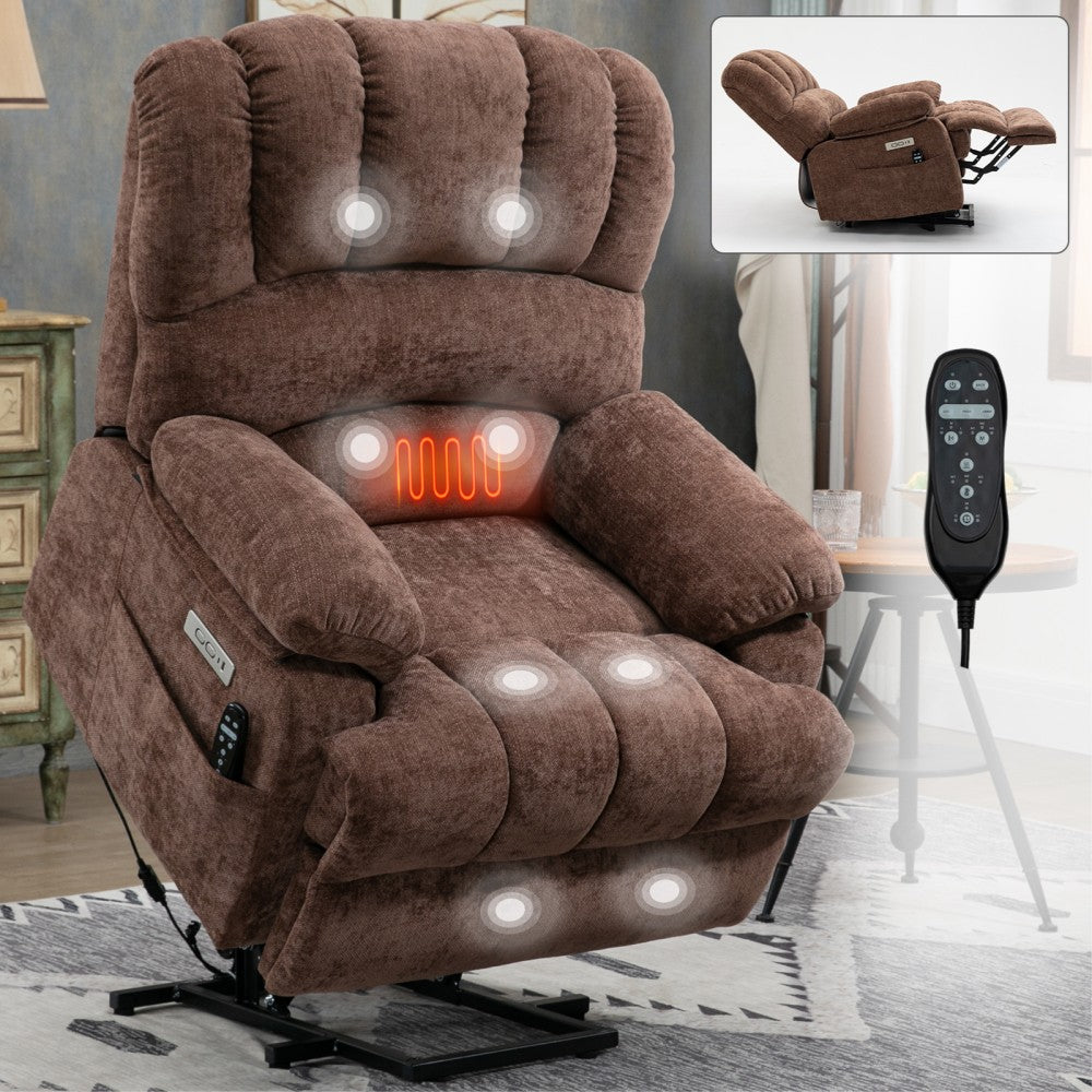 ya 28 23 Seat Brown Width Chenille Power Lift Recliner - 8-Point Massage, Lumbar Heat