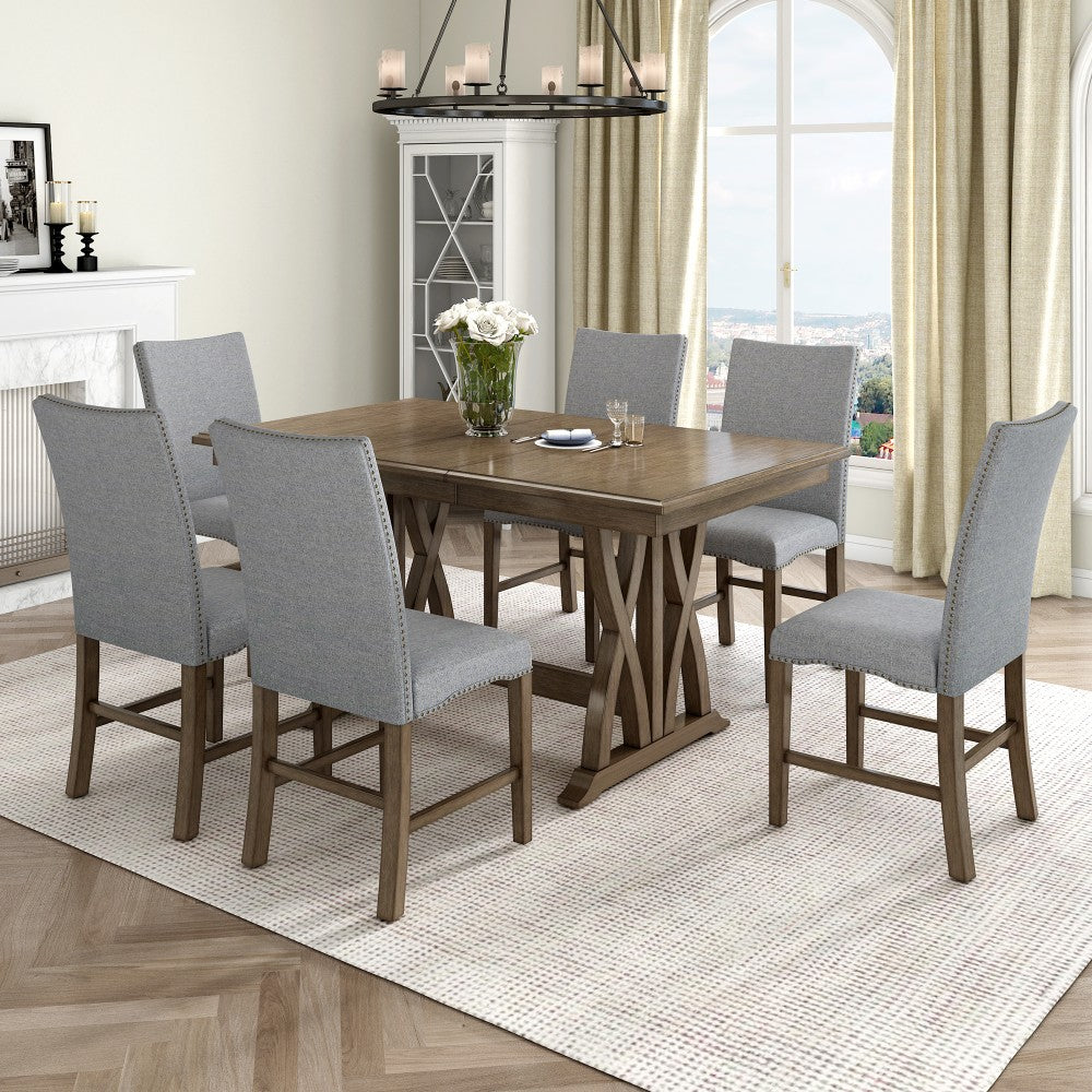 ya 28 7-Piece Solid Dining Set - Gray Cushion,Extendable Table (12 Leaf), 6 Chairs