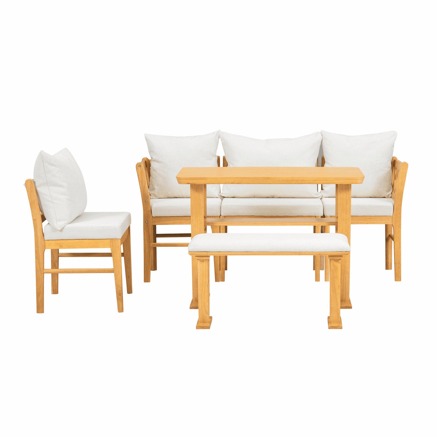 ya 28 6pc Natural Wood & Cream Upholstered Modular Farmhouse Dining Set