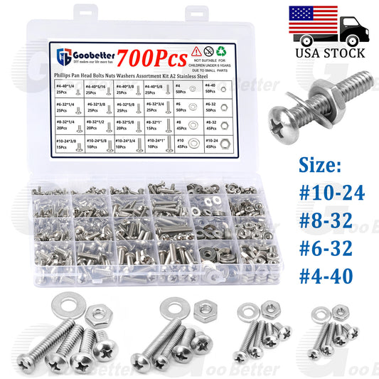 #4 #6 #8 #10 Phillips Pan Head Machine Screws Bolts Nuts Washers Assortment Kit