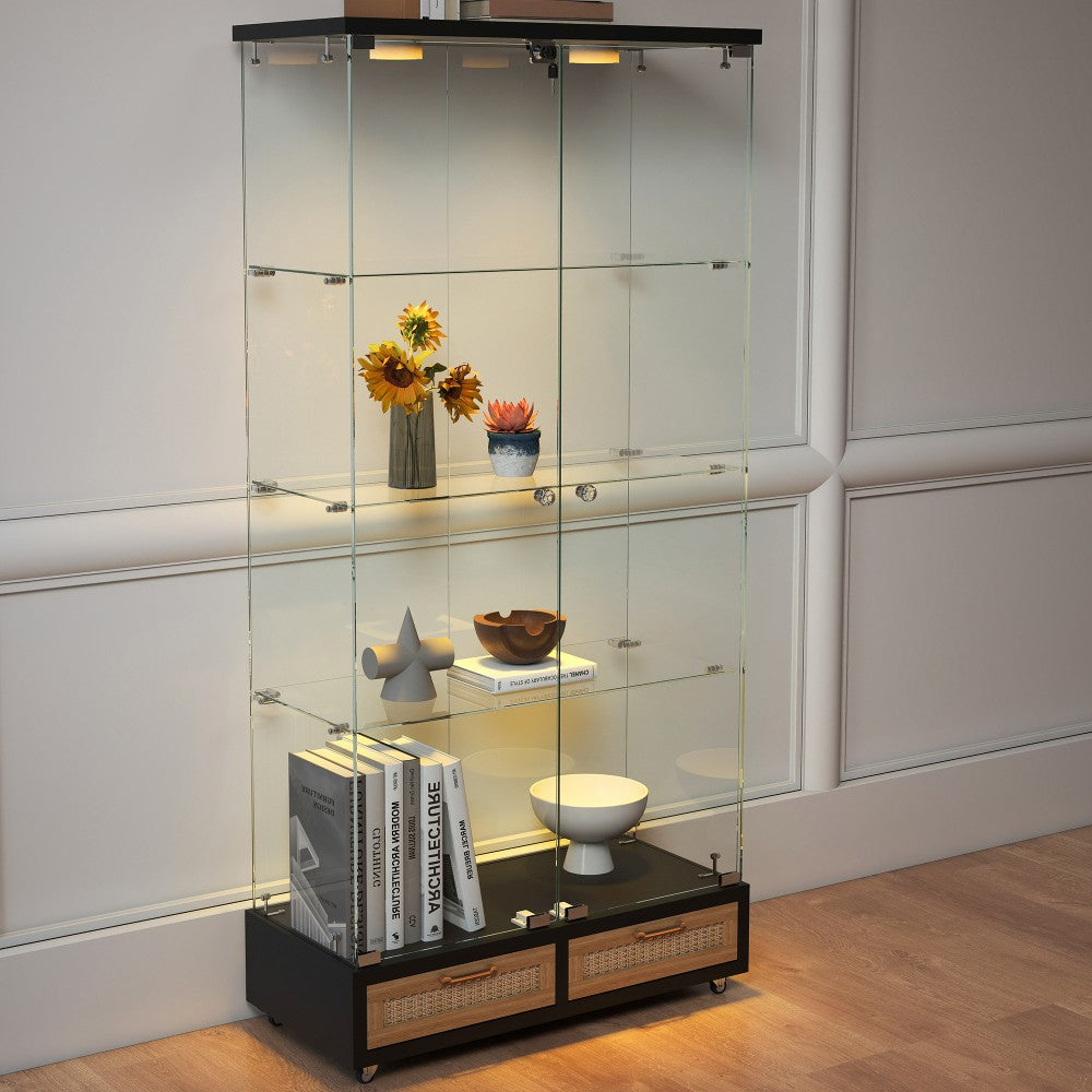 ya 28 Modern Glass Display Cabinet Black- LED Lights, 2-Door 4 Shelves, Large Drawers