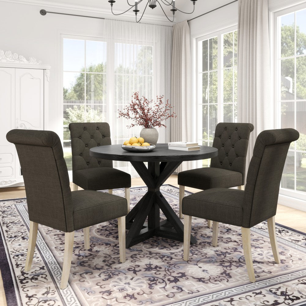 ya 28 Banff 5-piece Dining Set, Cross-Buck Round Table with 4 Tufted Chairs, Charcoal