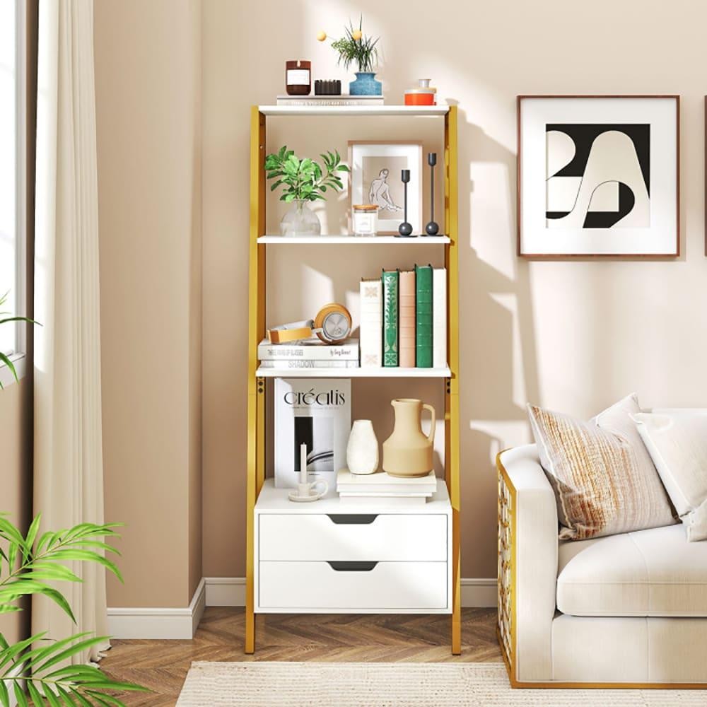 ya 28 White 4-Tier Ladder Shelf With 2 Drawers 52.5 Inch Tall Freestanding Bookcase