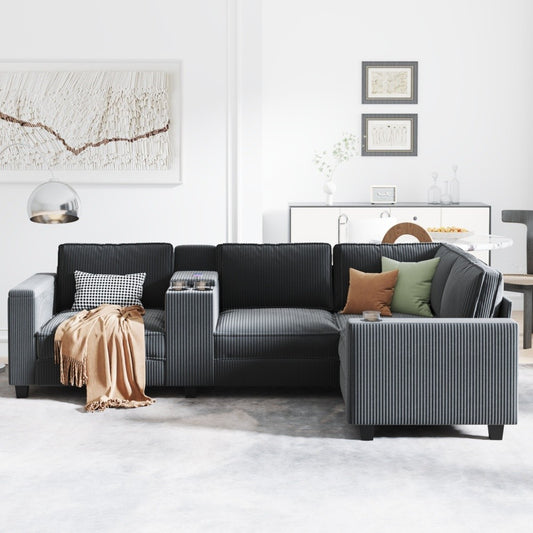 ya 28 Grey L-Shaped 4-Seater Corduroy Sofa ÿ Storage Armrests+Console,Switchable Seats