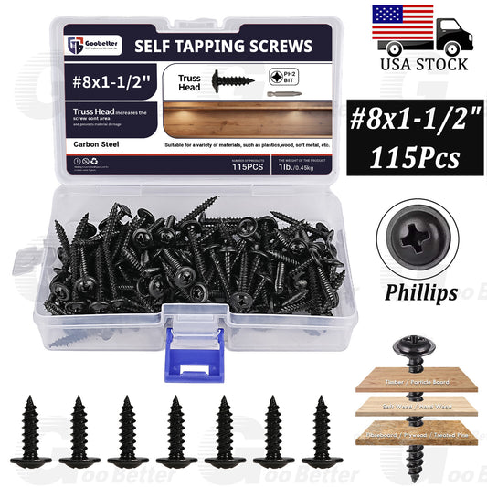 115pcs Black Phosphate ZT Wafer Head Self Tapping Wood Screws #8x1-1/2  Phillips