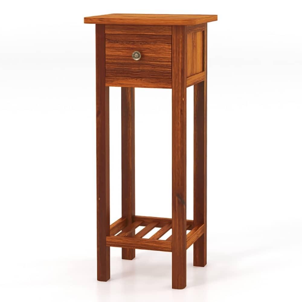 ya 28 Brown 2 Tier Slim Nightstand Bedside Table with Drawer Shelf Vintage Style