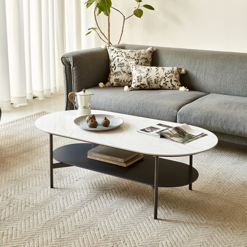 ya 28 Ceramic White Coffee Table,MDF Painted,Double Layer Bottom Shelf for Living Room