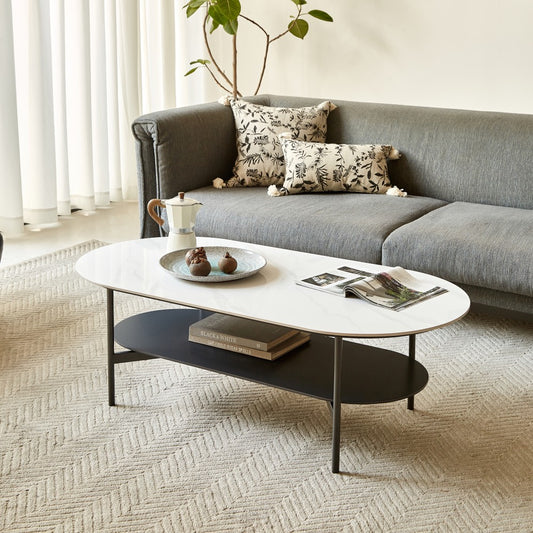 ya 28 Ceramic White Coffee Table,MDF Painted,Double Layer Bottom Shelf for Living Room