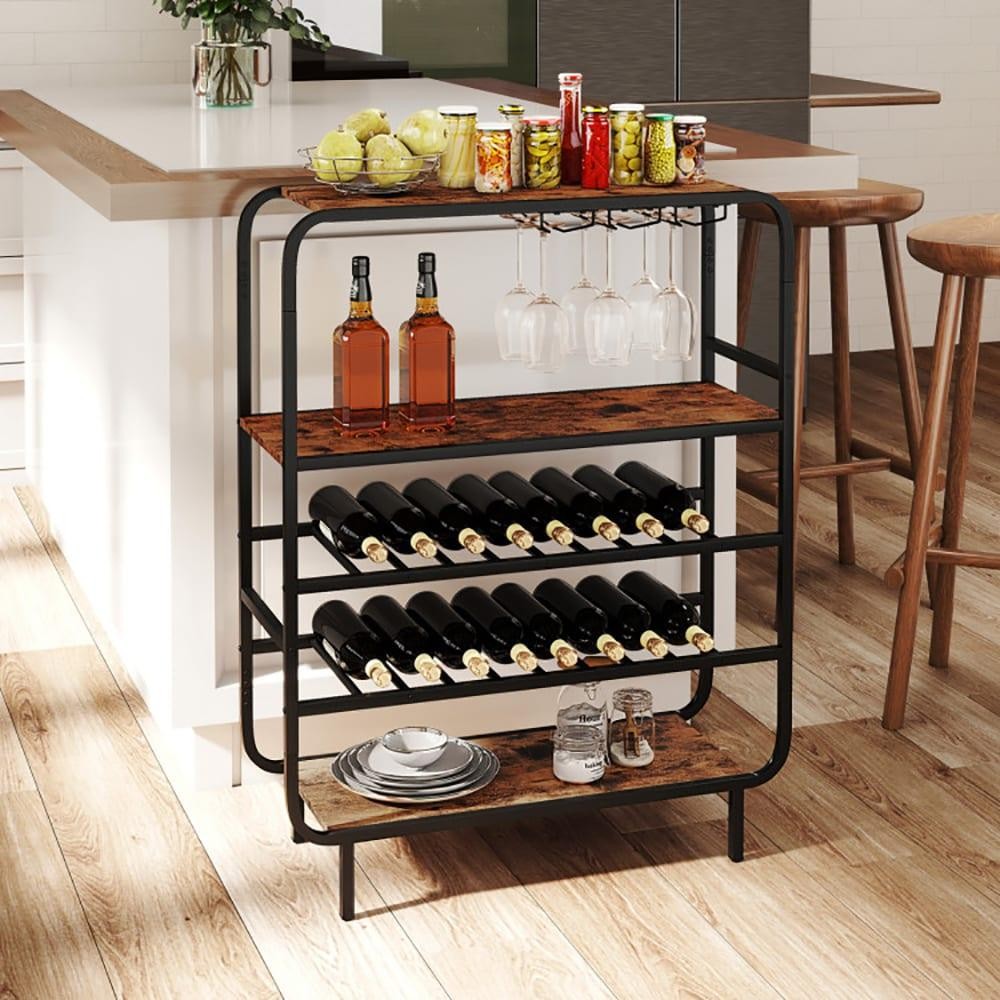 ya 28 16 Bottle Wine Rack with 5-Tier Wine Shelf and Glass Holders For Kitchen Bar 