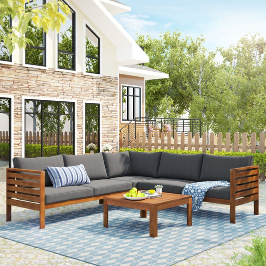 ya 28 For Garden Outdoor Natural Acacia Wood Sofa Set,Gray Cushions,Water/UV Resistant