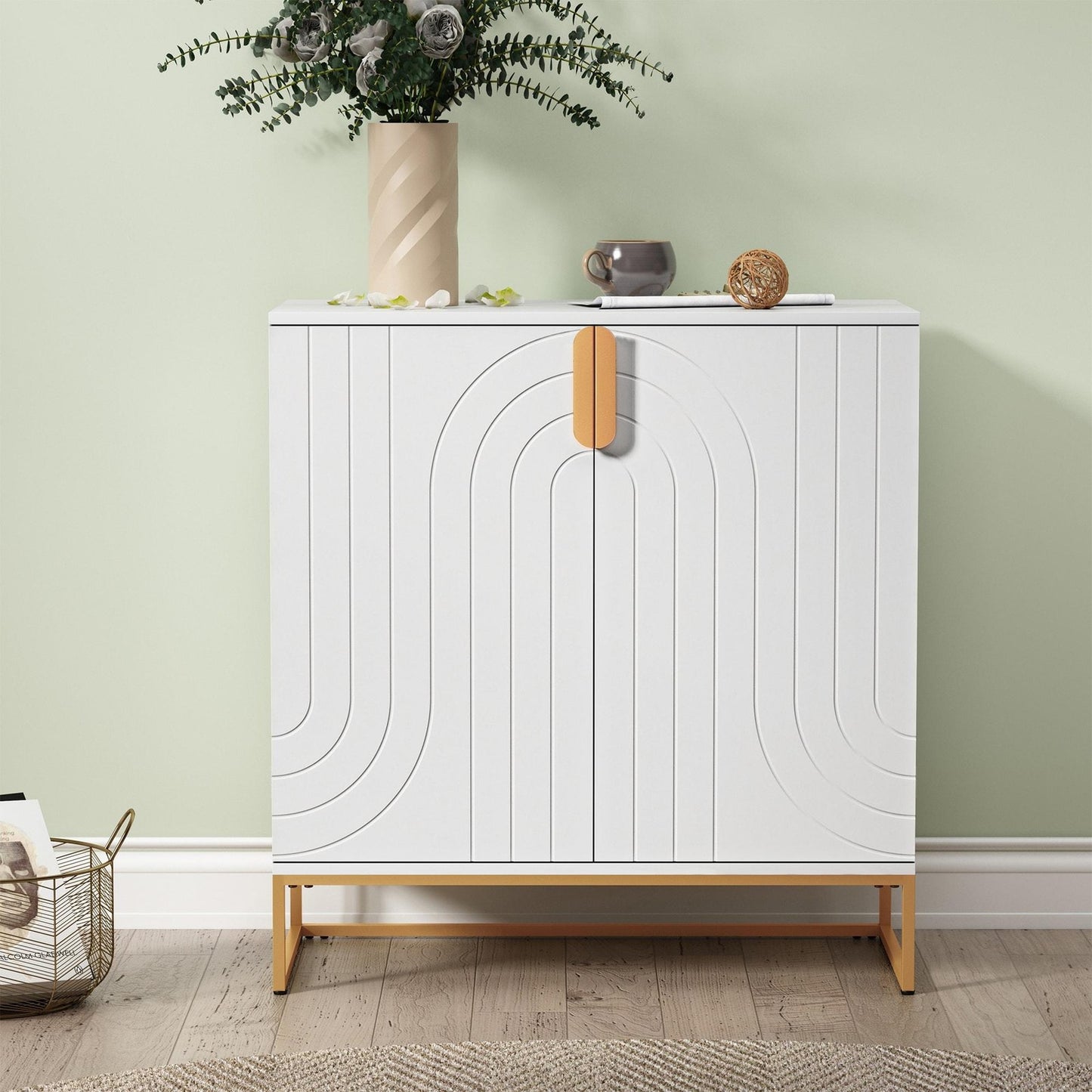 ya 28 For Living Room White Wood Grain Cabinet W/Gold Legs 2-Door Storage Sideboard