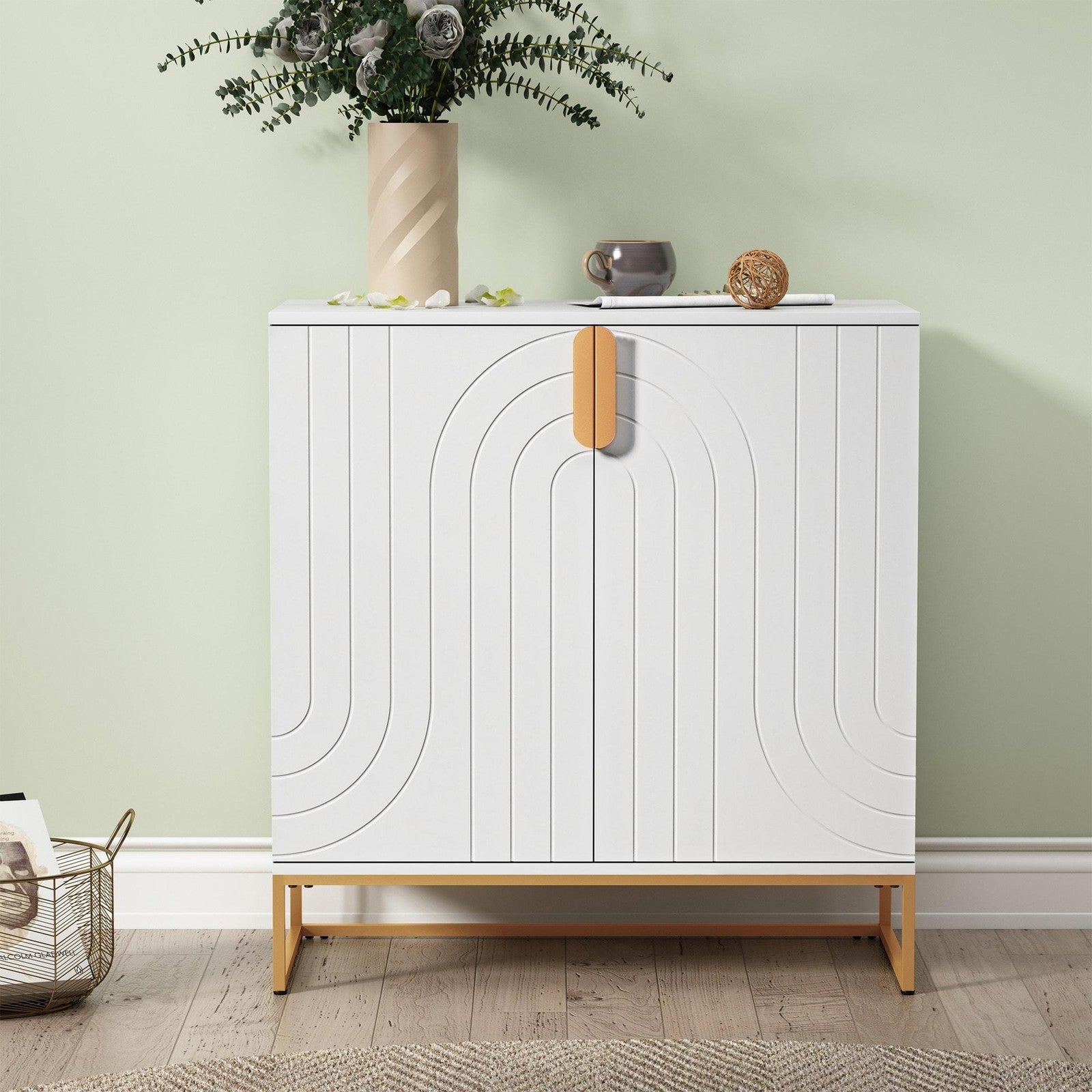 ya 28 For Living Room White Wood Grain Cabinet W/Gold Legs 2-Door Storage Sideboard