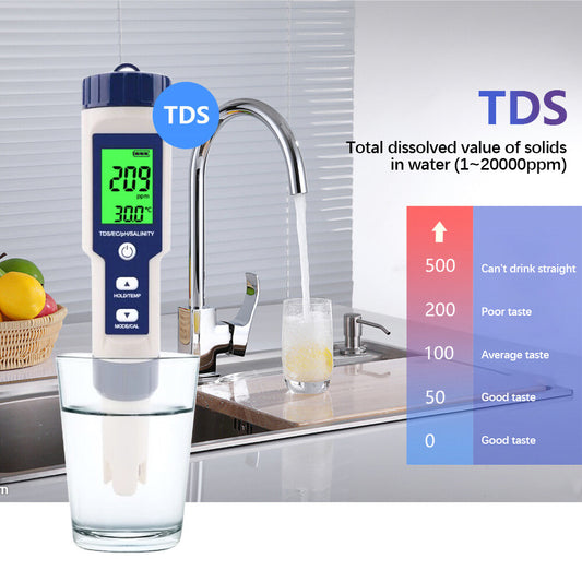 ya 26 Digital 5 in1 Water Quality Tester Pen TDS/EC/PH/Salinity/Temperature Meter