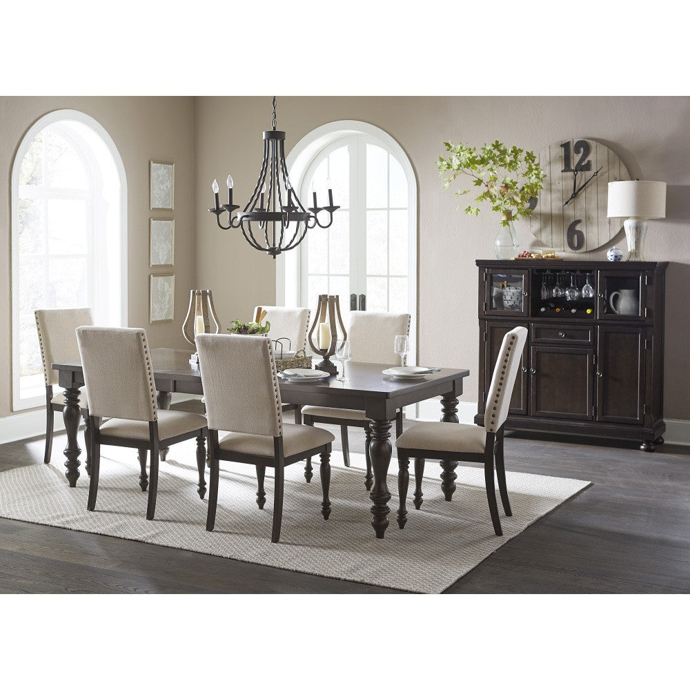 ya 28 Brown Finish Table 7pc Dining Set w Leaf and Beige 6x Side Chairs