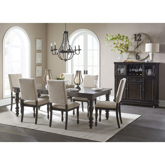 ya 28 Brown Finish Table 7pc Dining Set w Leaf and Beige 6x Side Chairs