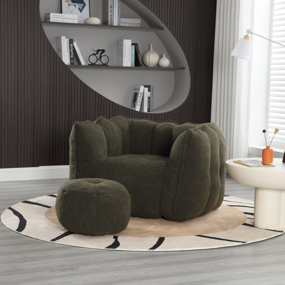 ya 28 Soft Bean Bag Chair Olive Green ÿ High Resilient Foam Chips, w/Footstool+Cover
