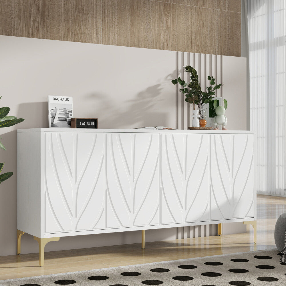 ya 28 Creative Carved 4-Door Sideboard Cabinet Handleless Press-Open Multi-Room White