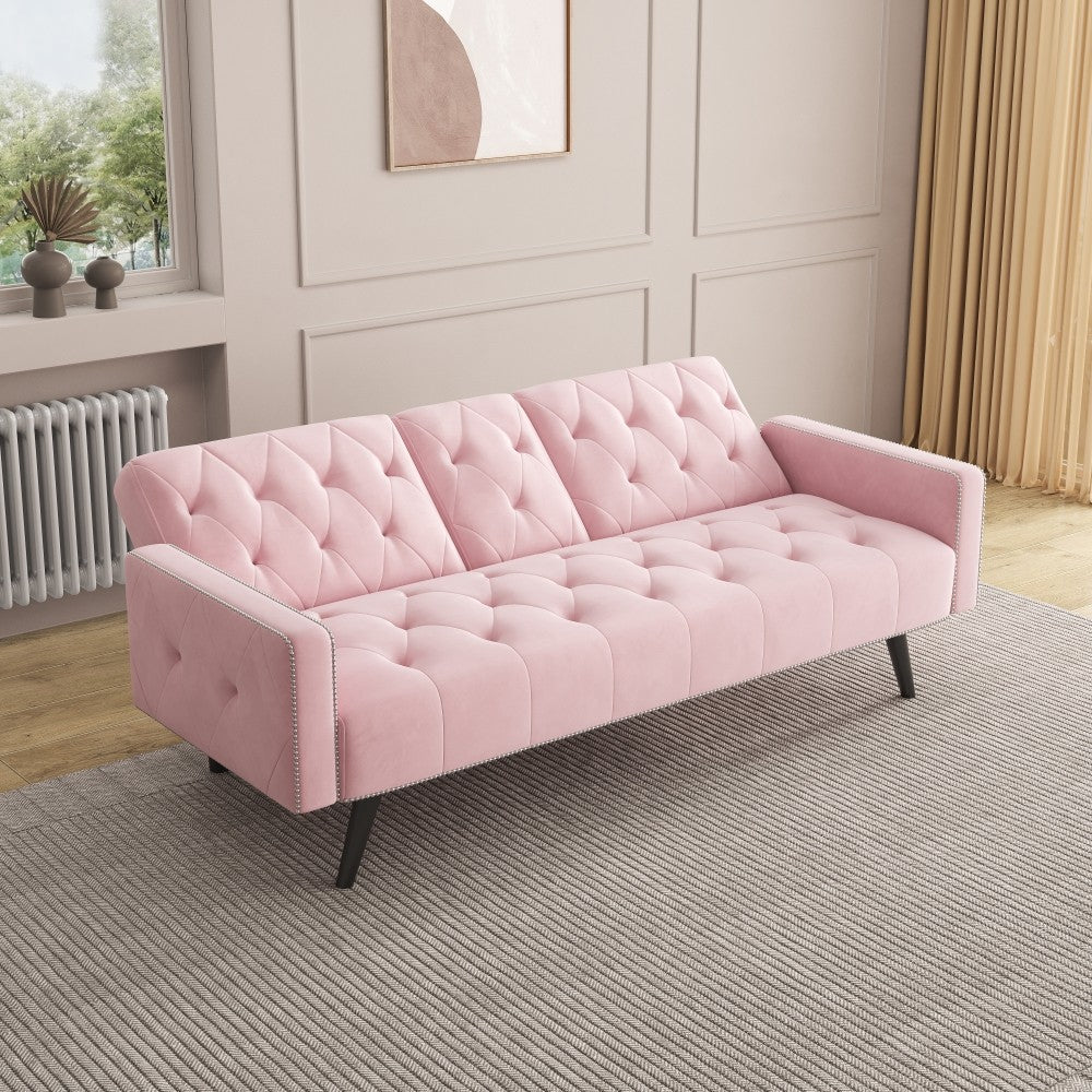 ya 28 Pink 72 Velvet Sofa Bed-Armrest w/Nail Head Trim,2 Cup Holders for Small Spaces