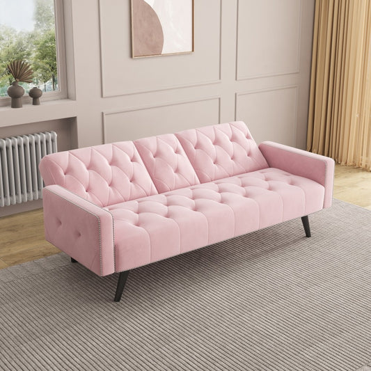ya 28 Pink 72 Velvet Sofa Bed-Armrest w/Nail Head Trim,2 Cup Holders for Small Spaces
