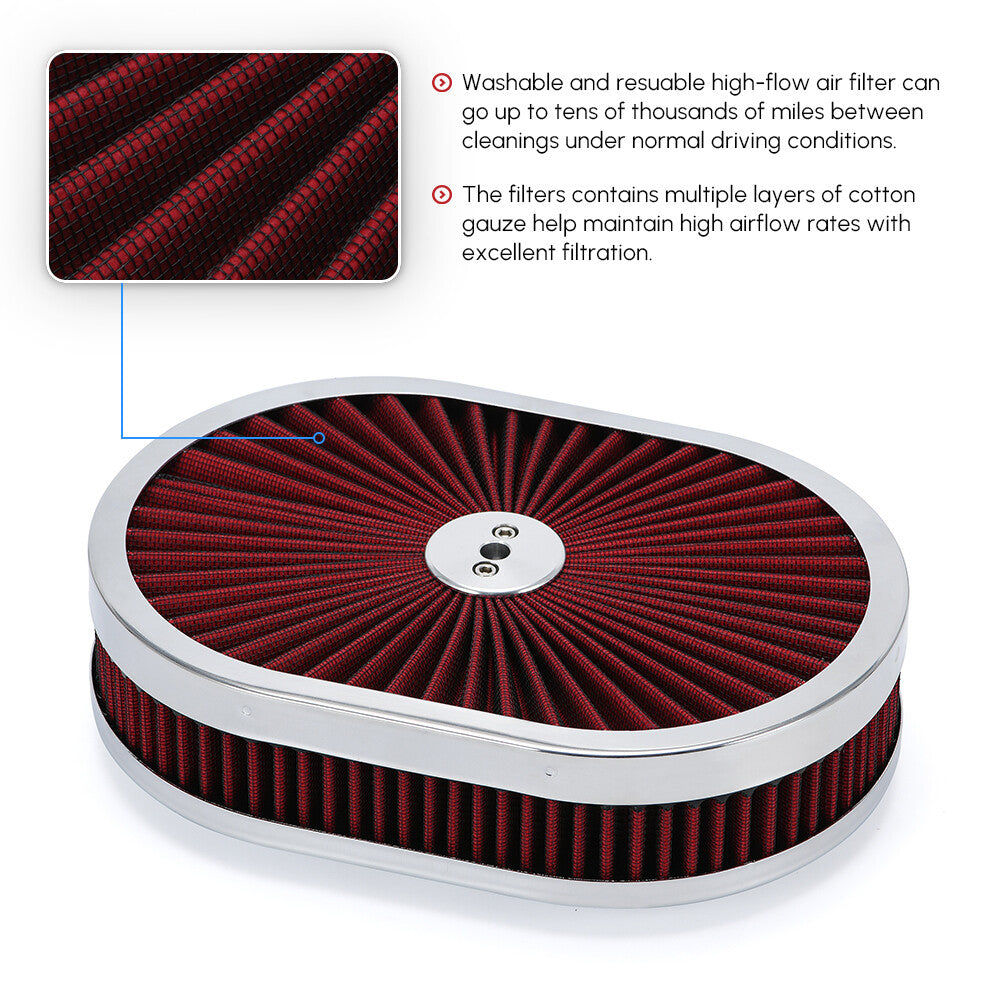 ya 5 8.7 Universal Super Flow 12 Oval Washable Air Cleaner Red Element & Chrome Lid GM
