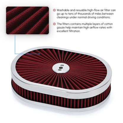 ya 5 8.7 Universal Super Flow 12 Oval Washable Air Cleaner Red Element & Chrome Lid GM