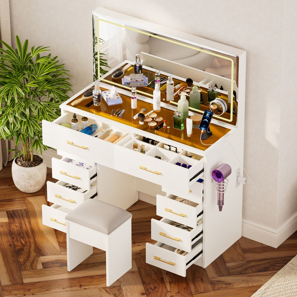 ya 28 46 White Glass Top Vanity Desk - 10 Drawers, Mirror & Stool, 3 Lighting Modes
