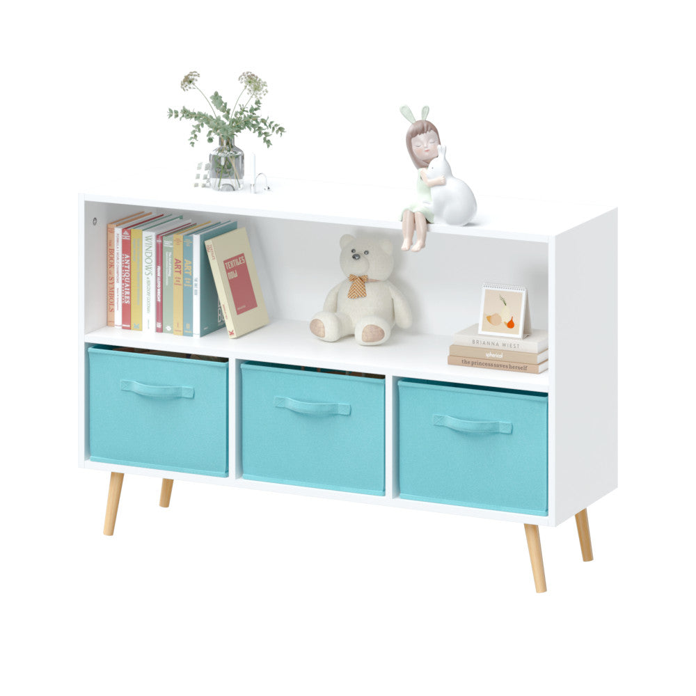 ya 28 Children's Book Display & Toy Storage Kids Bookcase White/Blue W/Fabric Drawers