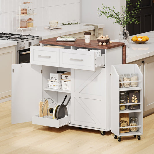 ya 28 47.2 Kitchen Island White ,w/WheelsDrop Leaf, Removable Side Racks, 2 Drawers