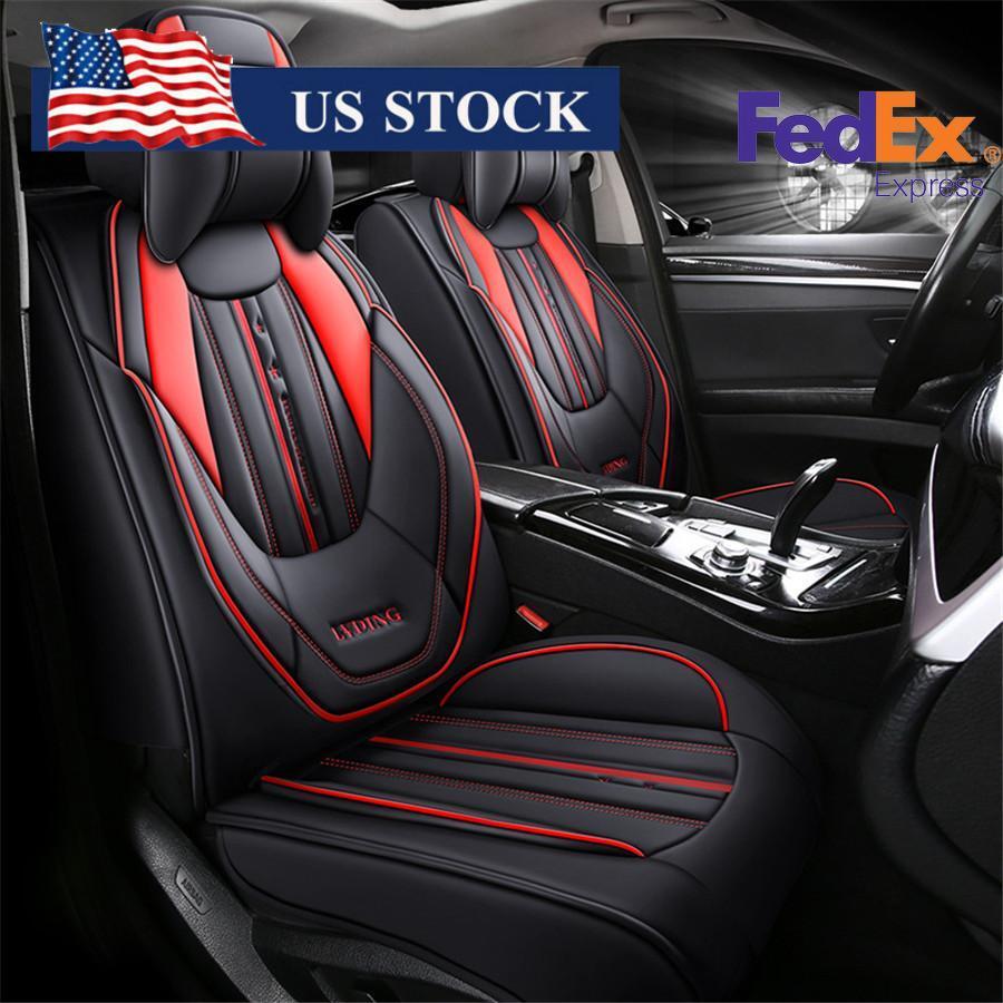 ya 12 5.22 Black+Red PU Leather 5-Seats Car Front & Rear Cushion Set for Seat Cover w/ Headrest