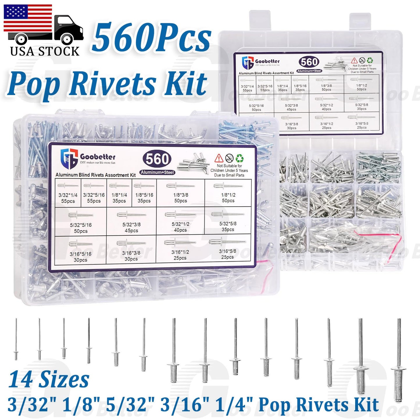 560pcs Pop Rivets Assortment Kit Aluminum Blind Rivets 14 Sizes Blind Rivet Set