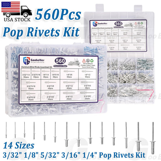 560pcs Pop Rivets Assortment Kit Aluminum Blind Rivets 14 Sizes Blind Rivet Set