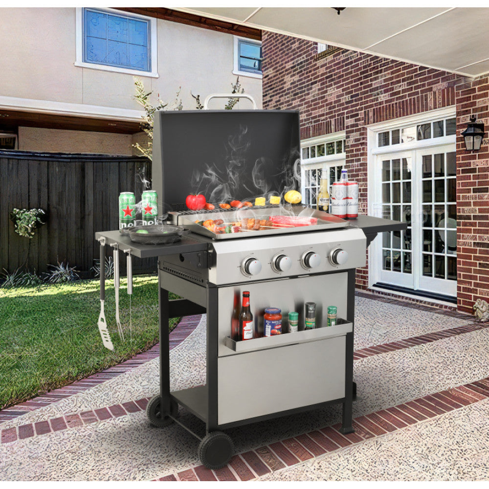 ya 28 Silver Stainless Steel 4-Burner Propane Gas BBQ Grill - 49200BTU, SS Plancha