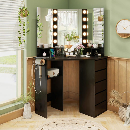 ya 28 White Corner Vanity Desk W/ 3-Color LED Lighted Mirror And Power Outlet