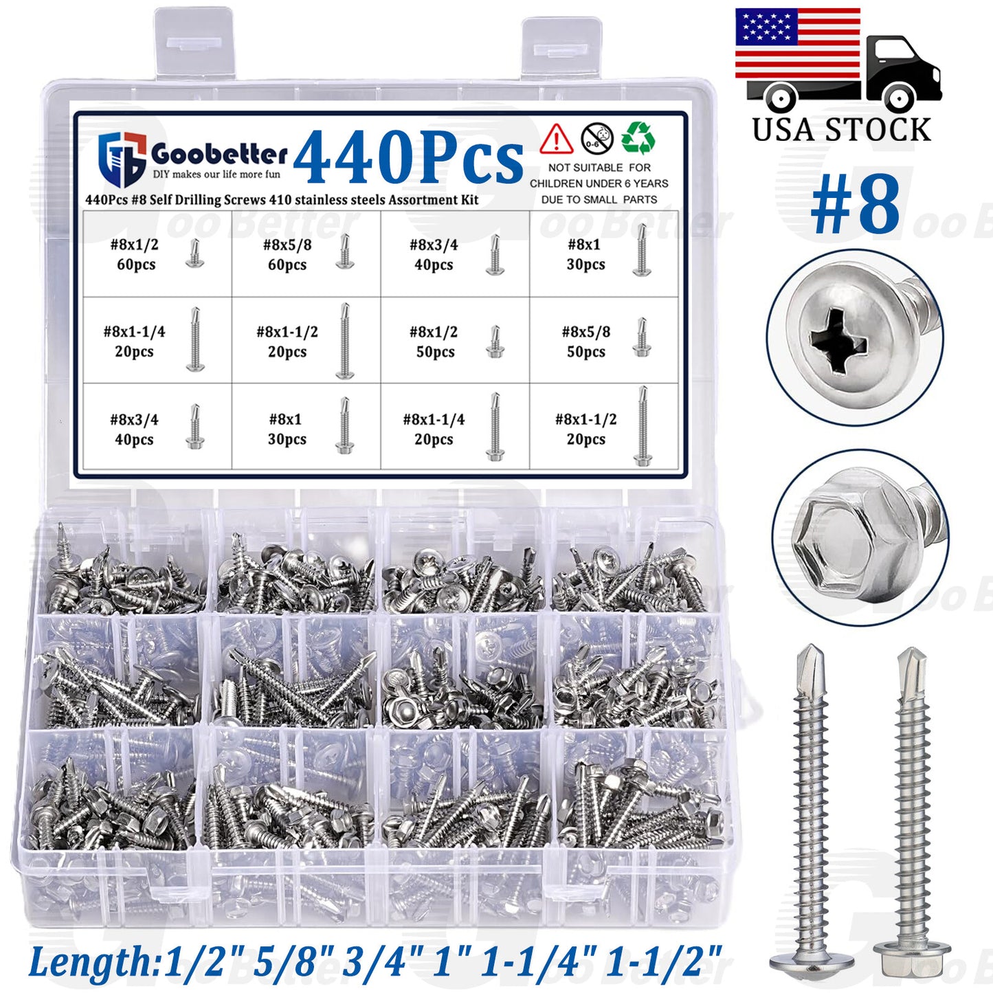 450pcs #8 Self Tapping Screws for Metal, Sheet Metal Screws 410 Stainle Steel