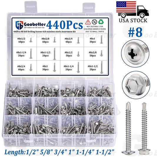 450pcs #8 Self Tapping Screws for Metal, Sheet Metal Screws 410 Stainle Steel