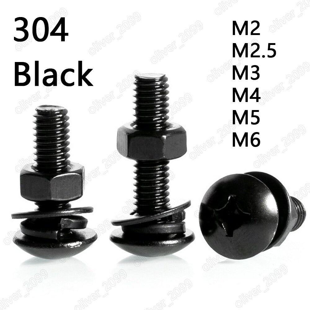 Black 304SS Phillips Cross Truss Head Screw Hex Nut Flat Spring Washers M2 M3-M6