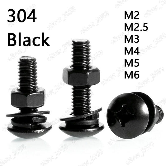 Black 304SS Phillips Cross Truss Head Screw Hex Nut Flat Spring Washers M2 M3-M6
