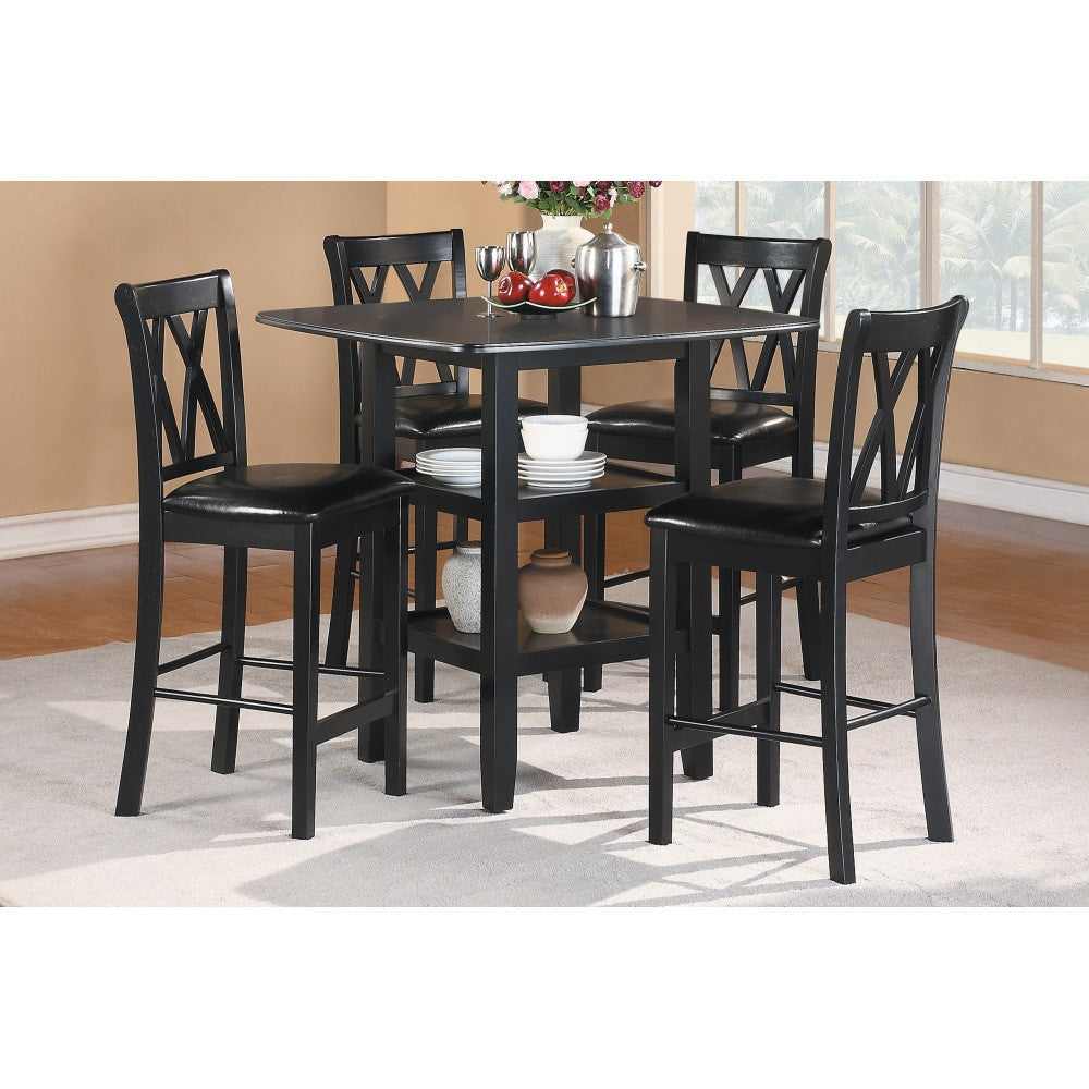 ya 28 5pc Black Finish Dining Set - Table (Lower Shelves) + 4 Faux Leather Chairs