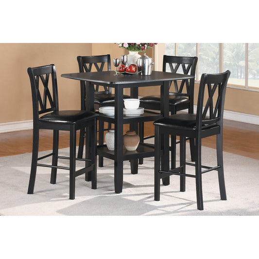 ya 28 5pc Black Finish Dining Set - Table (Lower Shelves) + 4 Faux Leather Chairs