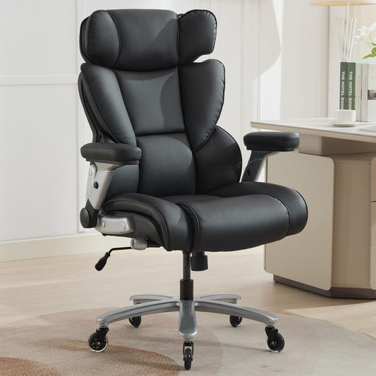 ya 28 Big Office Chair Black 500lb Capacity Adjustable Lumbar Flip-Up Arms Leather