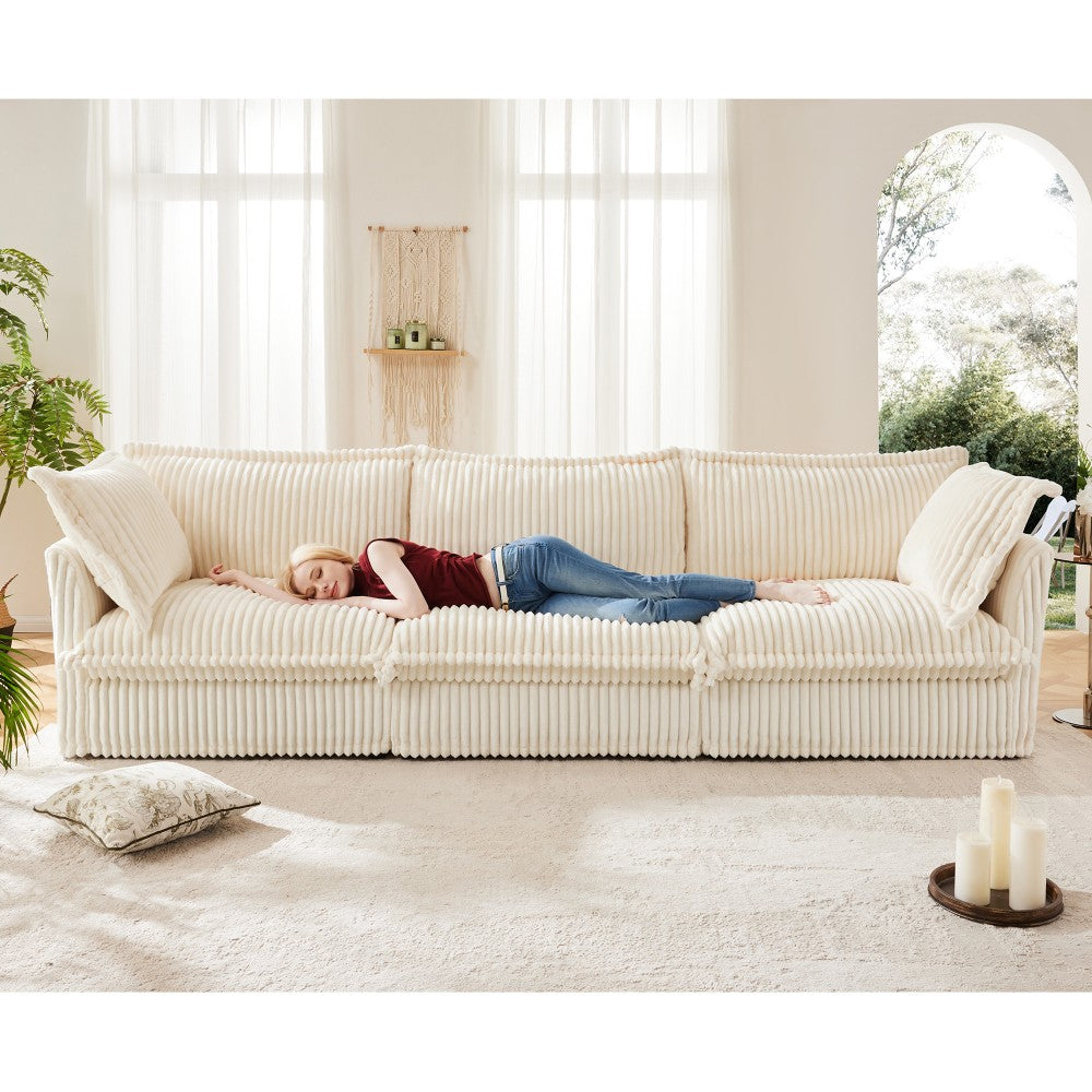 ya 28 Corduroy Slipcovered Sofa Cream - Modern 3 Seater, Deep Seat, Big Pillows