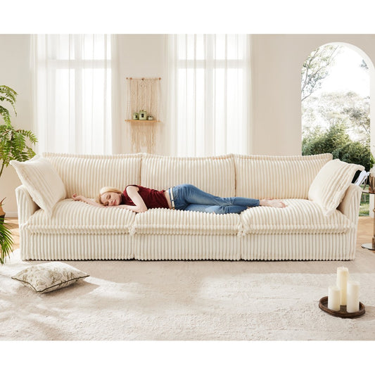 ya 28 Corduroy Slipcovered Sofa Cream - Modern 3 Seater, Deep Seat, Big Pillows
