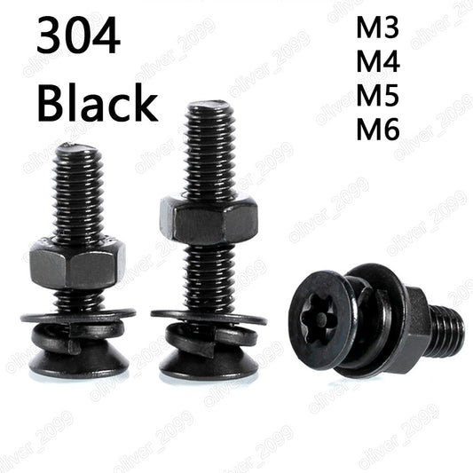 Black 304SS Pin Tamper Torx Countersunk Head Screws Hex Nuts Flat Spring Washers