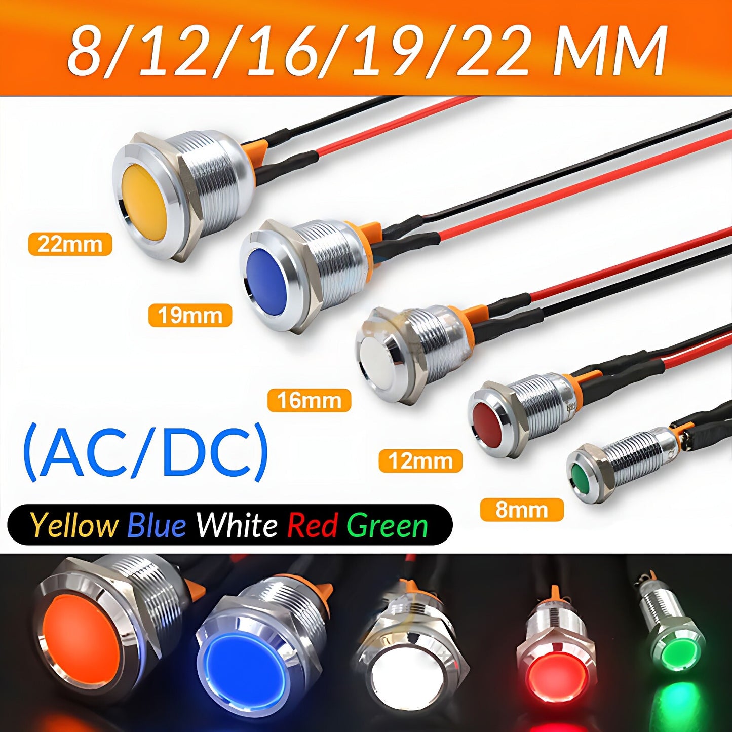 8/12/16/19/22mm Waterproof IP67 Metal LED Indicator Pilot Dash Light Panel Lamp