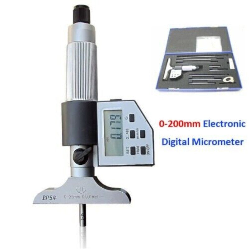 Digital Electronic Depth Micrometer Set 0-200mm Gauge Carbide LCD Display