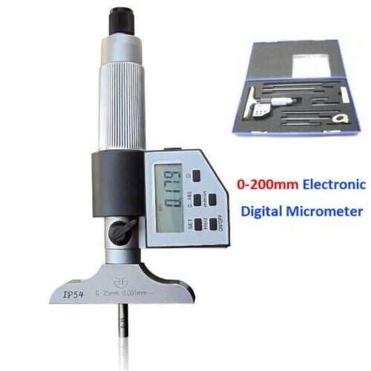 Digital Electronic Depth Micrometer Set 0-200mm Gauge Carbide LCD Display