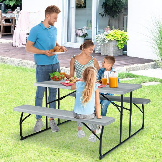 ya 16 Outdoor Table Bench Set with Wood-like Texture Silver Party Dining Table